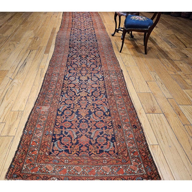 Navy Blue 19th Century Persian Malayer Runner Rug, Hand-Knotted Wool, Geometric Pattern, 4x 16, Rust-Red & Blue For Sale - Image 8 of 16