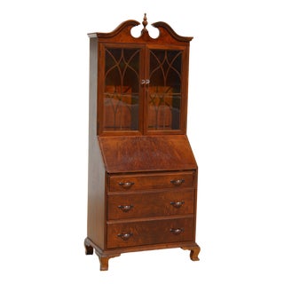 Vintage Georgian Revival Flame Mahogany Secretary Desk Bookcase With Glass Doors, Circa 1940s–1950s For Sale