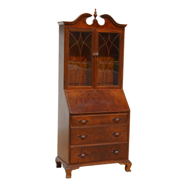 Vintage Georgian Revival Flame Mahogany Secretary Desk Bookcase With Glass Doors, Circa 1940s–1950s For Sale