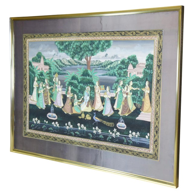 Indian Monumental Indian Pichhwai Radha Krishna Gopis Painting Silk Garden Peacock 68" For Sale - Image 3 of 13