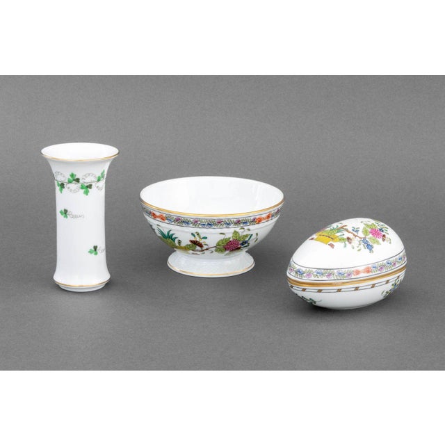 Collection of Three Herend Porcelain Tableware Pieces, comprising: footed bowl and egg form covered dish in "Indian...