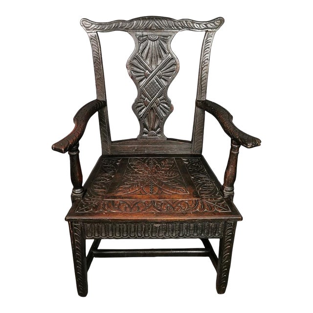Antique Georgian Elbow Chair, Carved Oak, Gothic Style For Sale