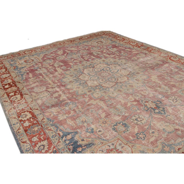 Textile Antique Persian Tabriz Red and Blue Handmade Medallion Floral Wool Rug For Sale - Image 7 of 10