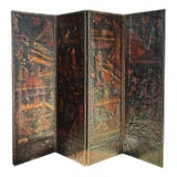 Antique Chinoiserie-Decorated Painted Leather Folding Screen For Sale