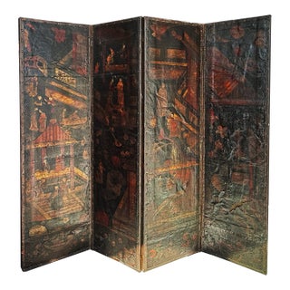 Antique Chinoiserie-Decorated Painted Leather Folding Screen For Sale