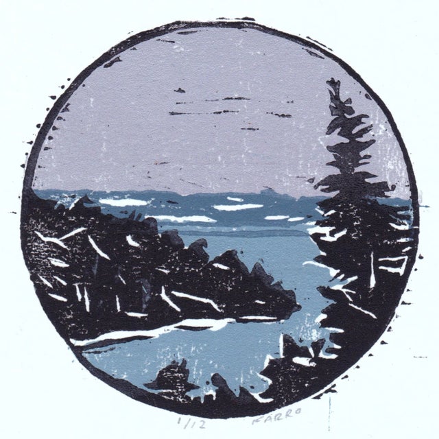 Contemporary Woodblock Print Pacific Northwest Landscape by Michelle Farro For Sale