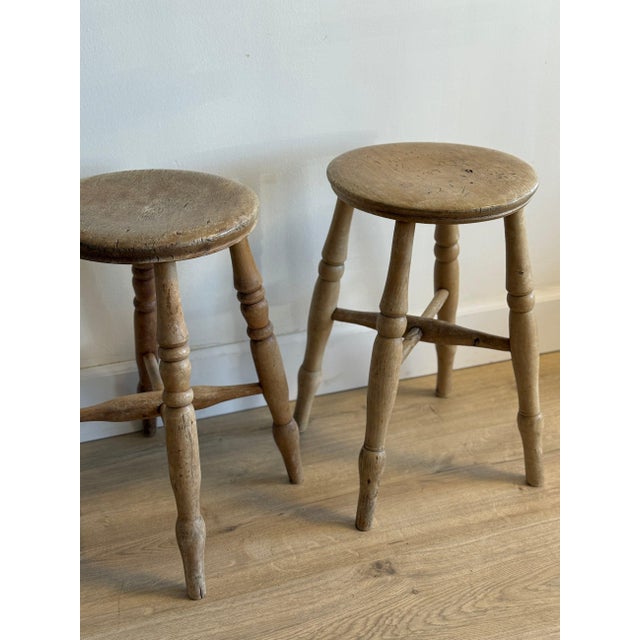 Rustic European Pair of Antique English Pine Stools For Sale - Image 3 of 5
