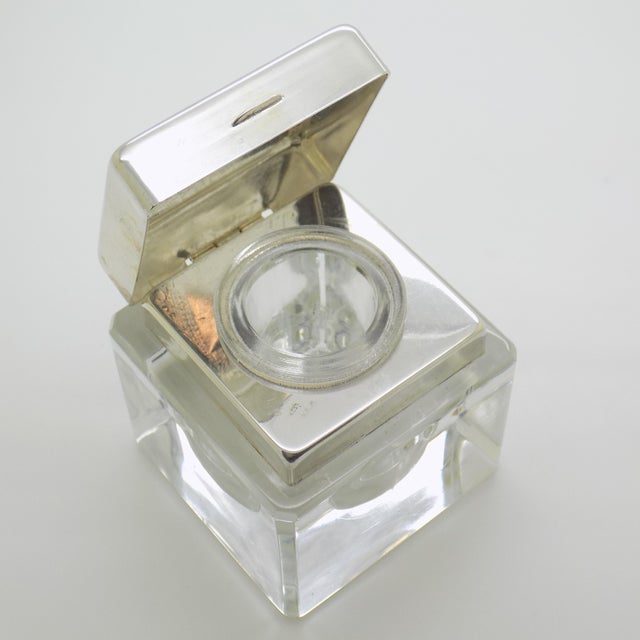 Vintage Italian Handmade Genuine Silver Inkwell in Glass and Silver with Tray from Prato Tuscany, 1970s For Sale - Image 9 of 18