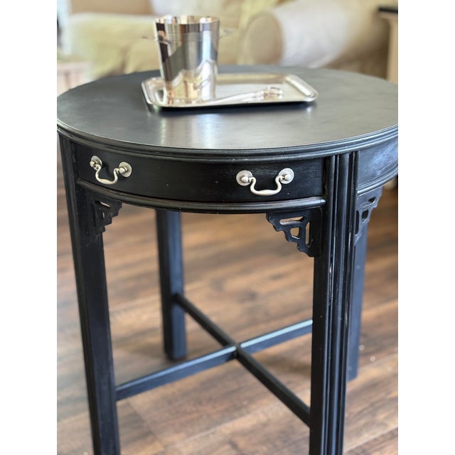Antique Chinoiserie 24" Black Round Accent Table With Curved Drawer For Sale In Columbus - Image 6 of 7