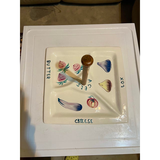 Hand Painted Italy Serving Tray Platter for Bagels Lox ,Cream Cheese, vegetable & Butter. It is Ceramic with a center wood...