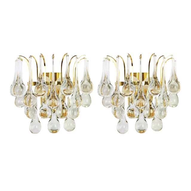 Large Golden Gilded Brass and Crystal Sconces from Palwa, Germany, 1970s, Set of 2 For Sale