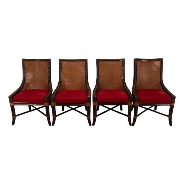 Set of 4 Artistica Rattan & Bamboo Dining Chairs With Double Caned Back & Red Upholstered Seats For Sale