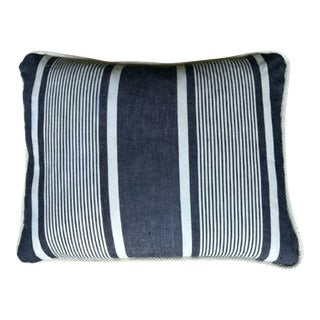 Antique Charcoal Blue French Ticking Stripe Pillow With Down Feather Insert For Sale