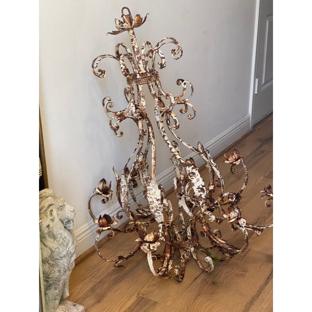 French Antque Tole Metal Distressed Rusted French Chandelier For Sale - Image 3 of 7