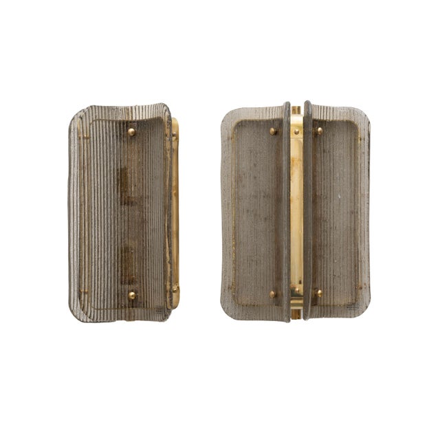 Curved Grey Ribbed Murano Glass and Brass Wall Sconces, 2000, Set of 2 For Sale - Image 9 of 9