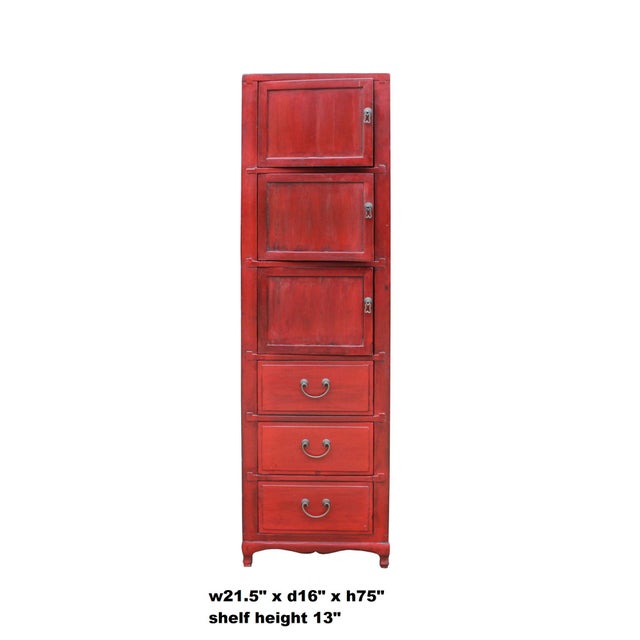Chinese Vintage Red Lacquer Narrow 3 Shelves Drawers Storage