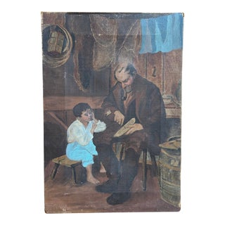 Antique European Genre Oil Painting of Man and Child in Workshop - Unsigned For Sale