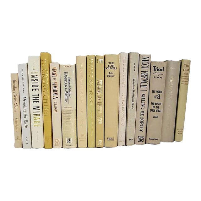 Vintage Curated Neutral Decorative Book Stack - 17 Pieces For Sale