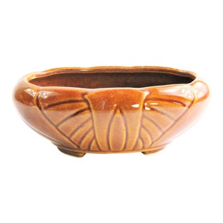 1970s Vintage Brown Ceramic Planter With Deco Design For Sale