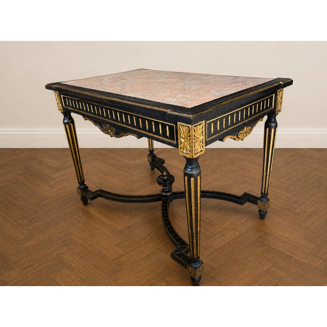 French Napoleon III Ebonized and Gilt Center Table with Sarrancolin Marble Top, 1880 For Sale - Image 3 of 14