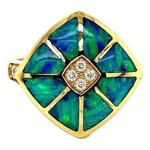 Mid 20th Century Kabana 14k Yellow Gold Fire Opal Inlay & Diamond Ring Size 7 For Sale