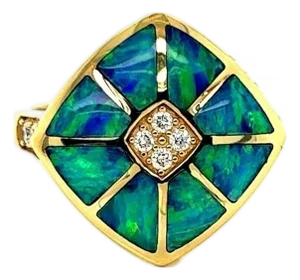 Mid 20th Century Kabana 14k Yellow Gold Fire Opal Inlay & Diamond Ring Size 7