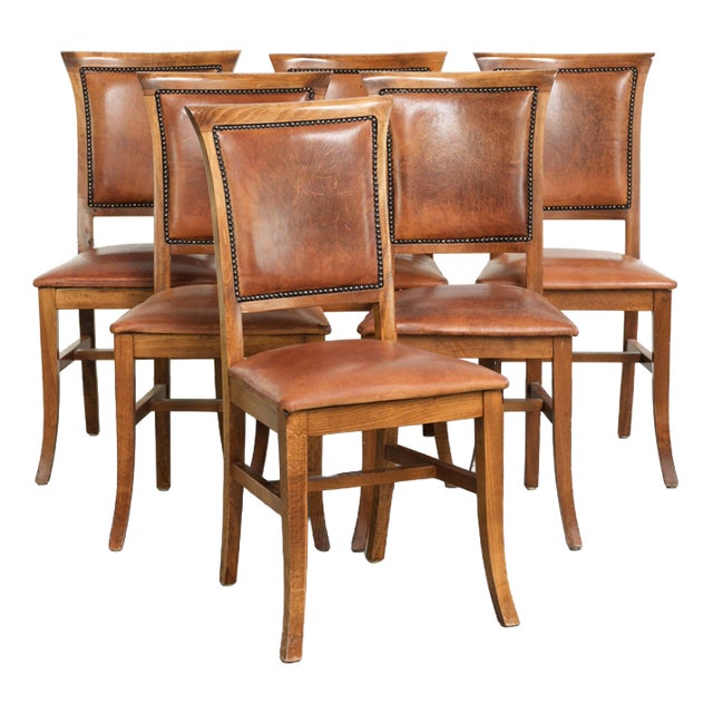 Sheepskin Dining Chairs in Warm Cognac Color with Decorative Nails, Set of 6 For Sale