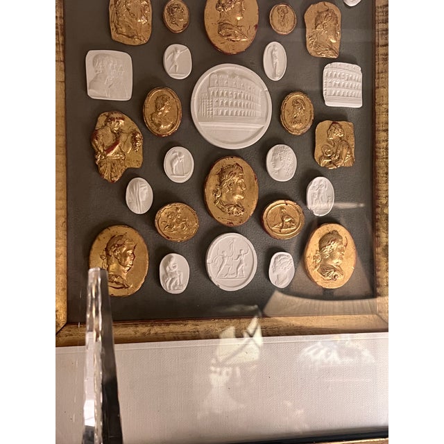 Neoclassical Revival Parcel Gilt and Painted Shadow Box Frame With Grand Tour Gilded & Plaster Intaglio Set For Sale - Image 9 of 11