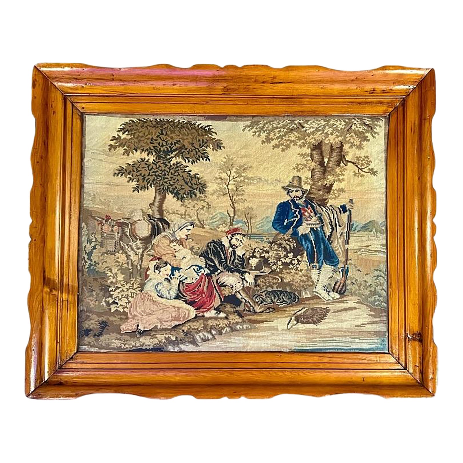 Antique Framed Needlepoint Scene-Hand Carved Pine-Victorian
