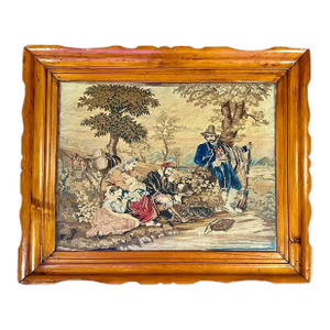 Antique Framed Needlepoint Scene-Hand Carved Pine-Victorian English 1800s-Art