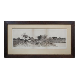 Antique Ernest C Rost Country Farmhouse Panoramic Landscape Etching 31" For Sale