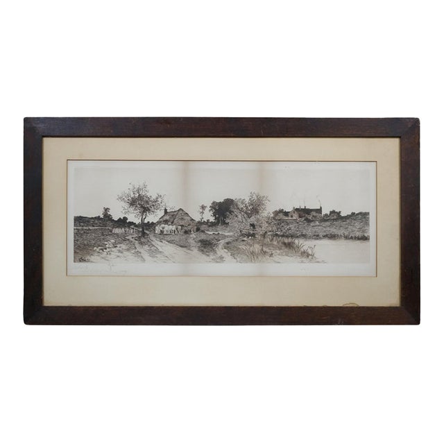 Antique Ernest C Rost Country Farmhouse Panoramic Landscape Etching 31" For Sale