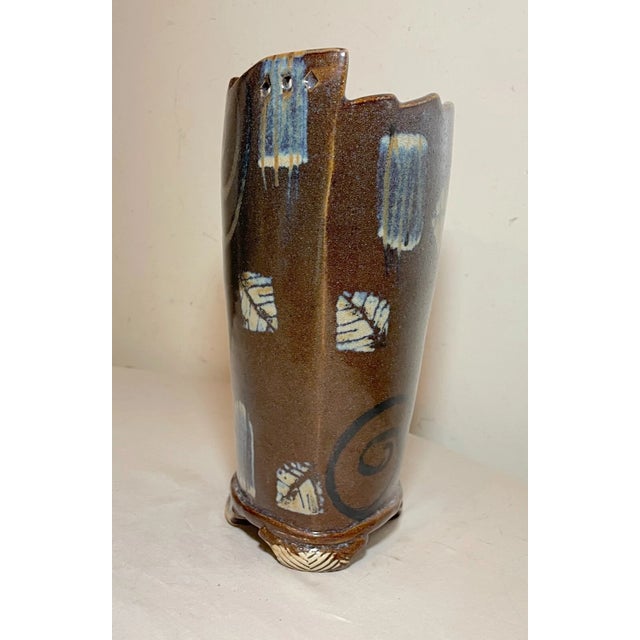 Brown Tall Unique Vintage Handmade Signed Rs Glazed Brown Swirl Art Pottery Vase For Sale - Image 8 of 14