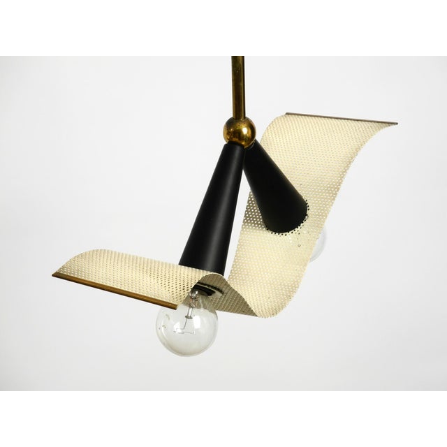 Metal Mid-Century Brass Ceiling Cone Lamp with Curved Perforated Sheet Lampshade, 1950s For Sale - Image 7 of 18