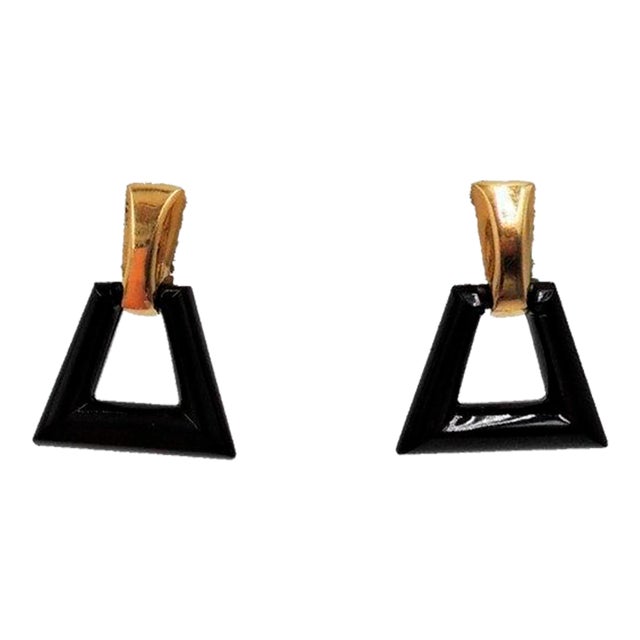 Vintage 1970s Signed Crown Trifari Goldtone & Black Lucite Hoop Clip Earrings - 2 Pieces For Sale