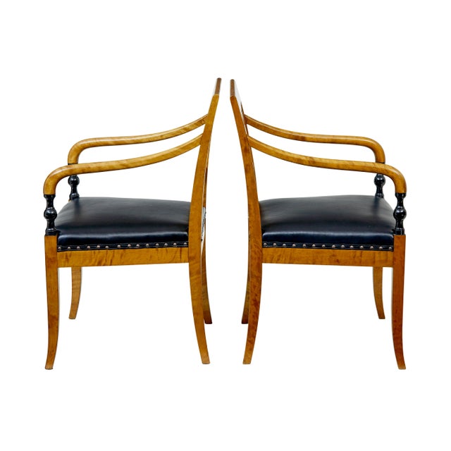 Pair of period art deco Scandinavian birch armchairs circa 1930. Fine quality pair of Swedish birch armchairs with empire...