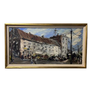 Original Oil Painting on Board, European Cityscape, Unsigned, Framed