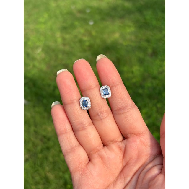 Metal Timeless Emerald-Cut Blue Sapphire & Diamond Halo Stud Earrings 14k White Gold For Sale - Image 7 of 16