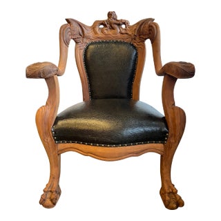 Victorian Mahogany Mermaid Chair in Black Crackle Leather - Reupholstered For Sale