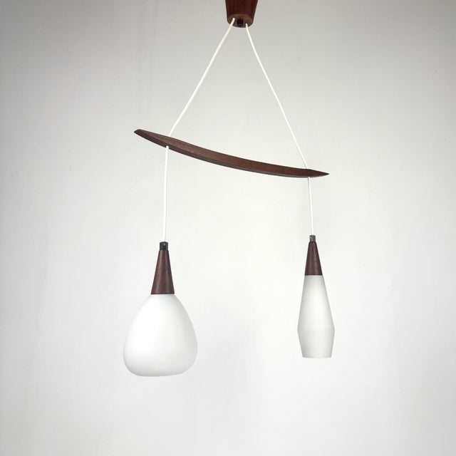 Wood Mid-Century Modern Scandinavian Teak and White Glass Double Pendant Light, 1960s For Sale - Image 7 of 9