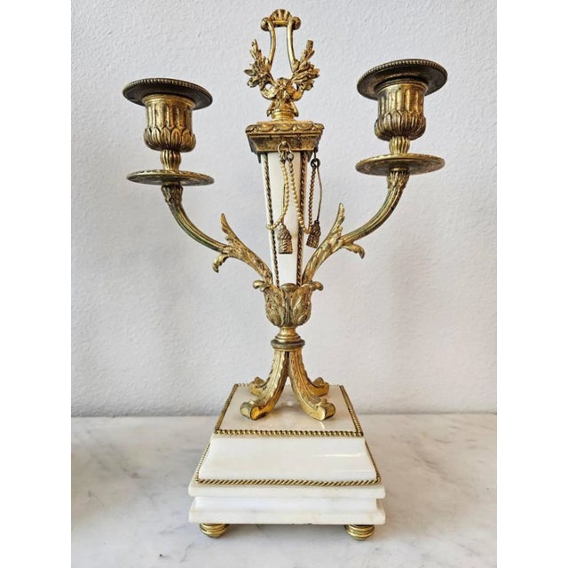 Alabaster 19th Century French Louis XVI Style Mantle Clock Garniture Set Attrib to Raingo Freres For Sale - Image 8 of 13