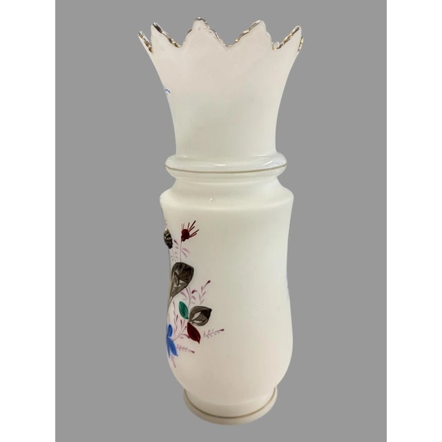 French Vintage French Opaline Hand Painted Floral Decorated Art Glass Vase For Sale - Image 3 of 9