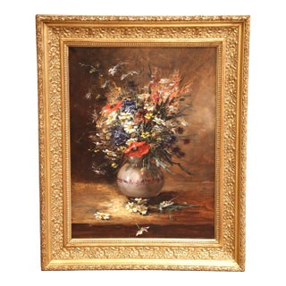 19th C. French Still Life Oil Painting of Flowers in Vase With Giltwood Frame For Sale