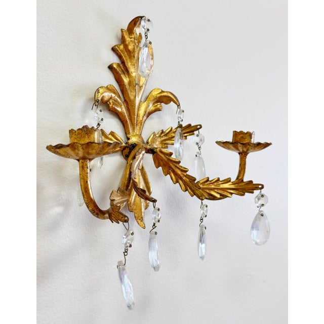 Hollywood Regency Vintage Hollywood Regency Style Italian Gilt Crystal Candle Wall Sconces, a Pair For Sale - Image 3 of 6