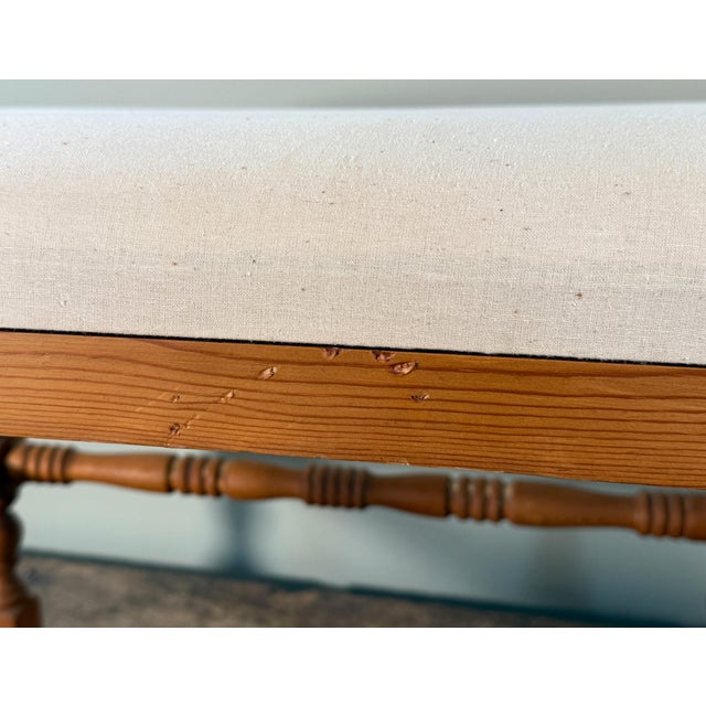Vintage French Country Style Wood Upholstered Bench With Turned Legs For Sale - Image 11 of 12