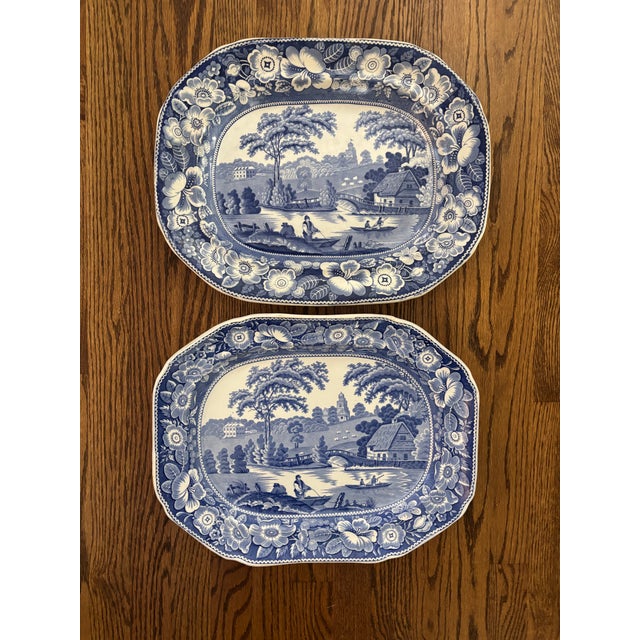 Beautiful pair of large blue and white transfer platters in the Wild Rose pattern. Lovely pearl ware in the Classic...