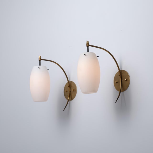 1950s Italian Brass and Opaline Glass Wall Sconces with Arched Arms, 1950s, Set of 2 For Sale - Image 5 of 9