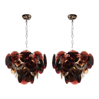 Pair of Mid-Century Hand-Blown Murano Glass Disc Chandeliers in Smoked Tortoise For Sale