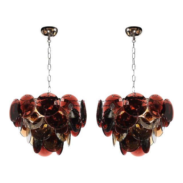 Pair of Mid-Century Hand-Blown Murano Glass Disc Chandeliers in Smoked Tortoise For Sale