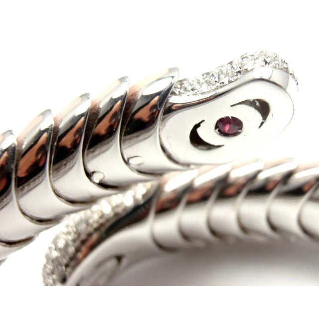 Silver Roberto Coin 18k White Gold Enamel Ruby Diamond Cobra Bangle Bracelet, size 7 For Sale - Image 8 of 8